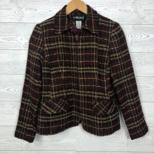 Sag Harbor Women's 4 PETITE Plaid Zip Front Tweed Knit Jacket Blazer Long Sleeve
